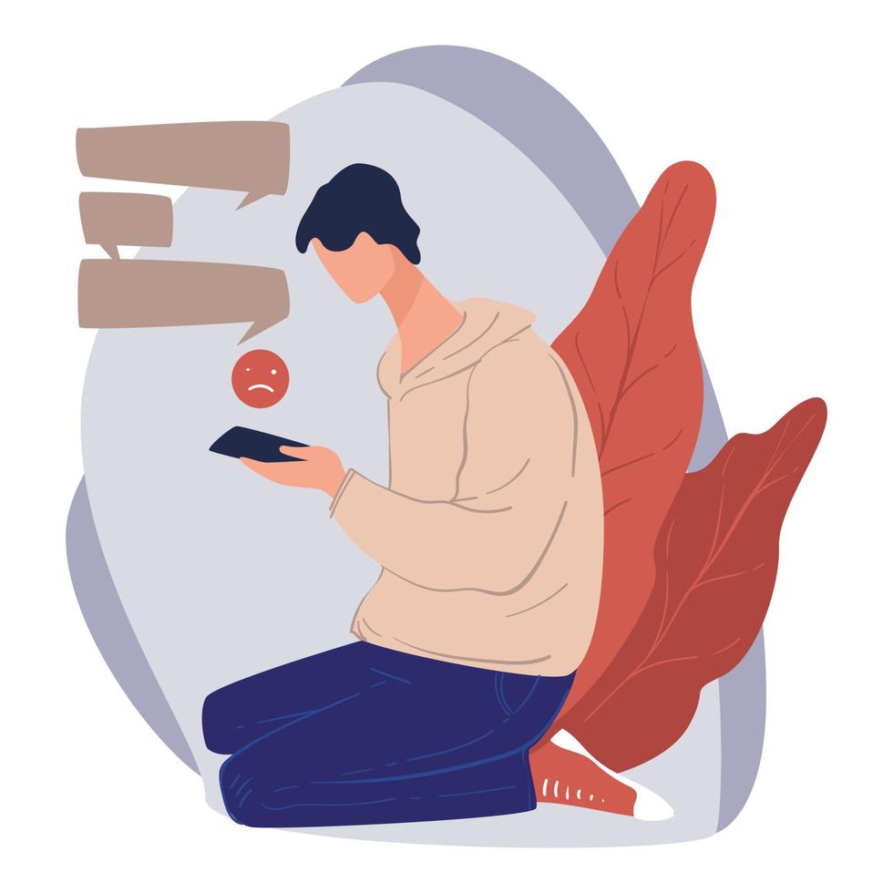 Male character chatting via phone receiving upsetting messages vector