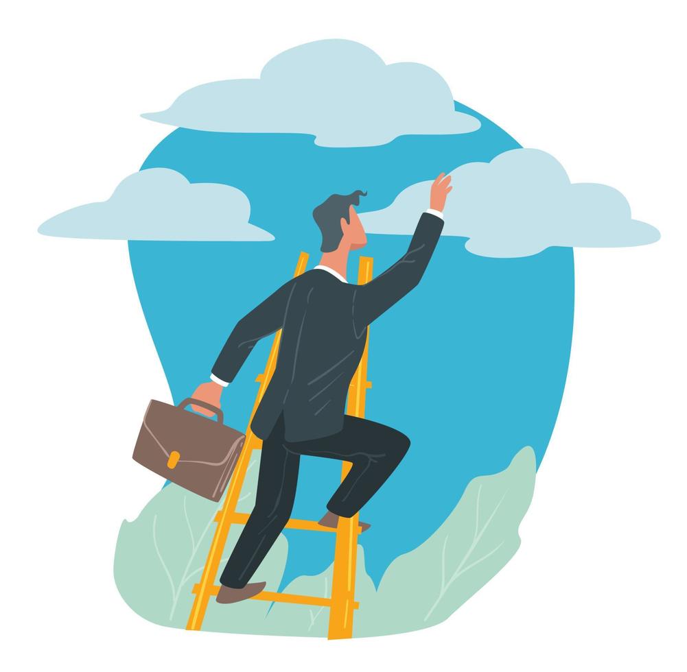 Businessman climbing on ladder, success and career growth vector