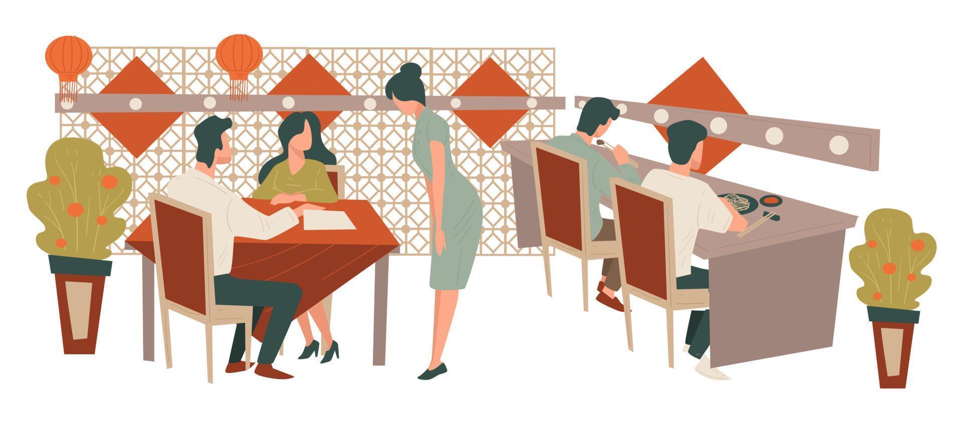 Chinese restaurant, people eating at diner or cafe vector