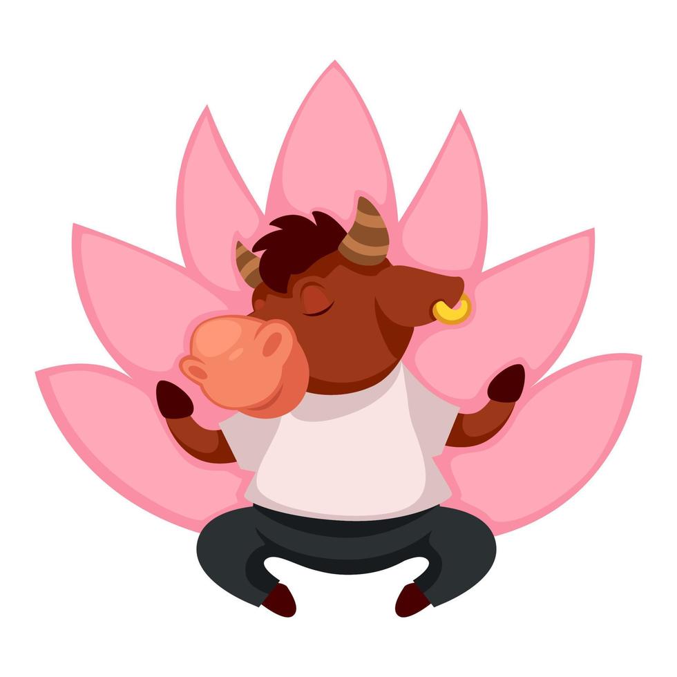 Bull meditating in lotus, animal character relaxing with yoga vector