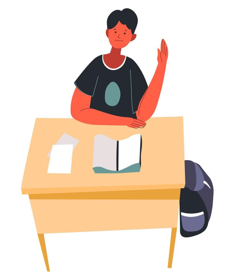 Pupil raising hand sitting by desk, school boy vector