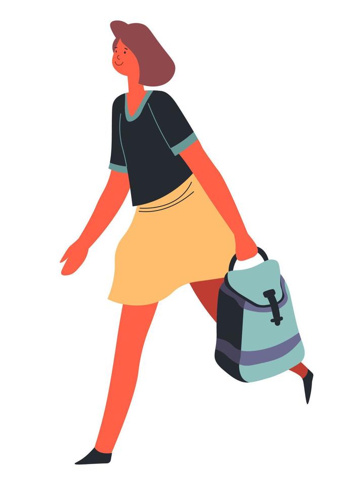 mujer con mochila apurada, estudiante o maestra vector