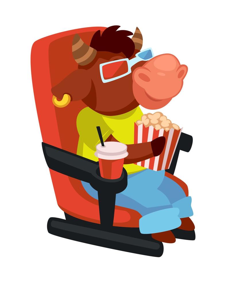 toro comiendo palomitas de maíz viendo películas en vector de cine