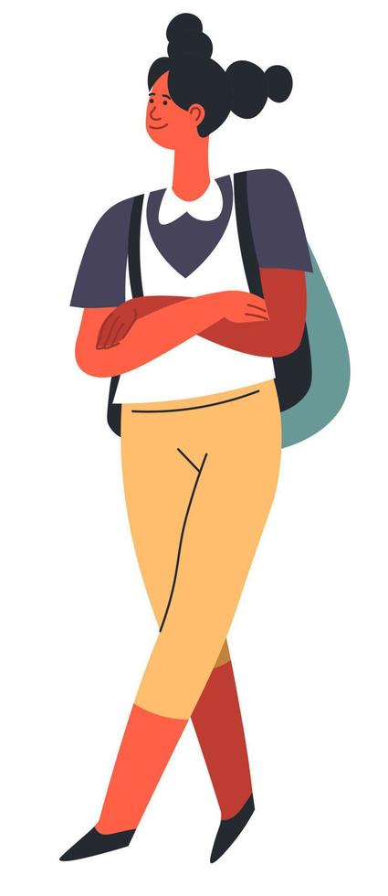 personaje femenino con mochila, colegiala con mochila vector