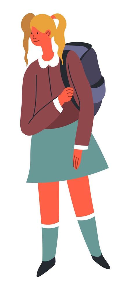 School girl with satchel wearing uniform, female character vector