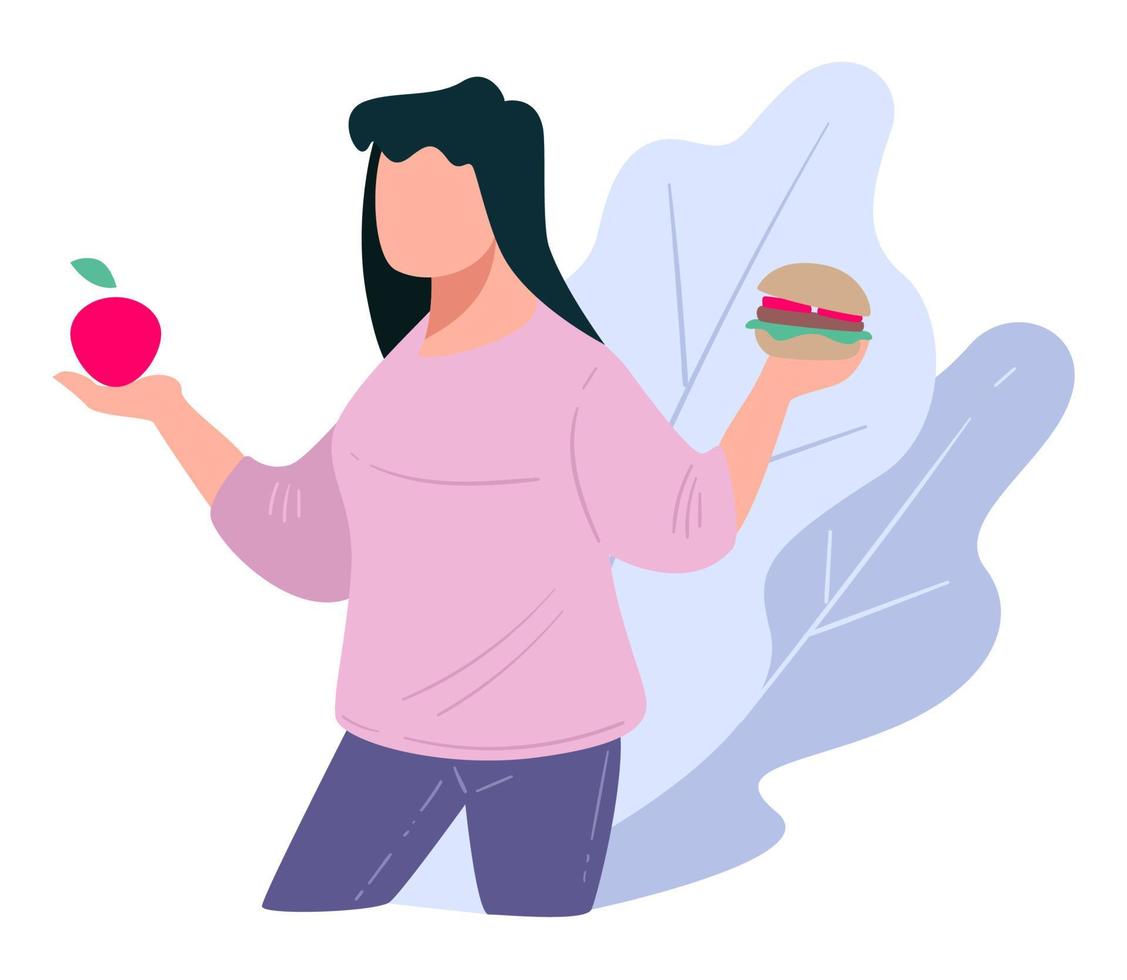 personaje femenino elige entre comida rápida y alimentación saludable vector