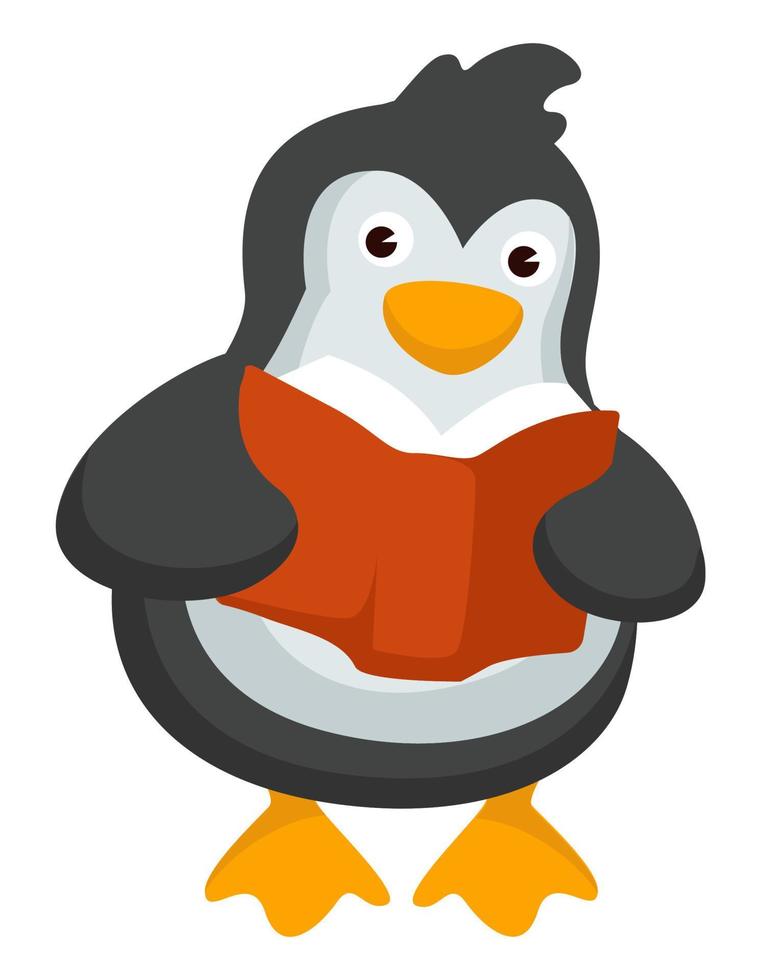 Penguin reading textbook, studying animal with book vector