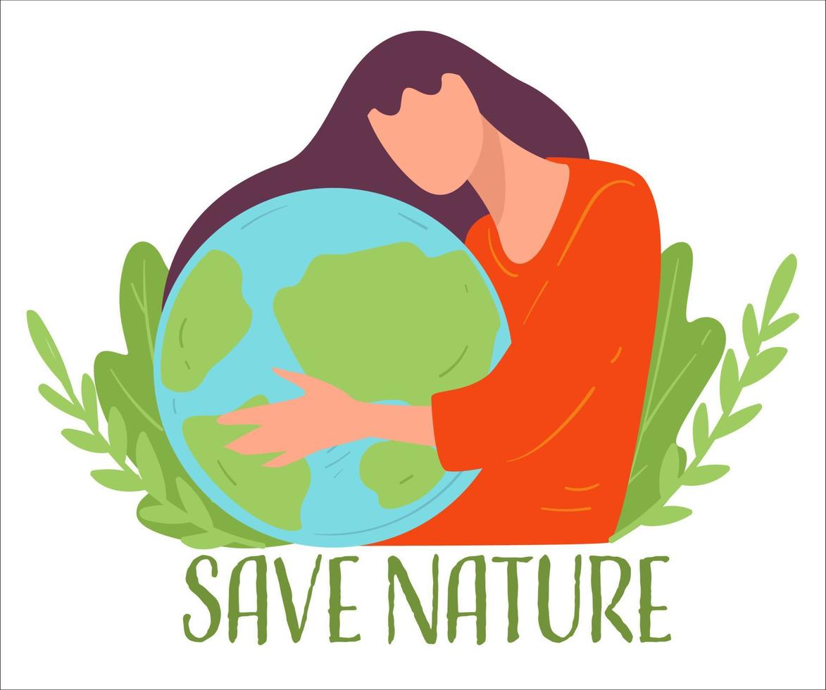 Save nature, eco friendly woman protecting planet vector
