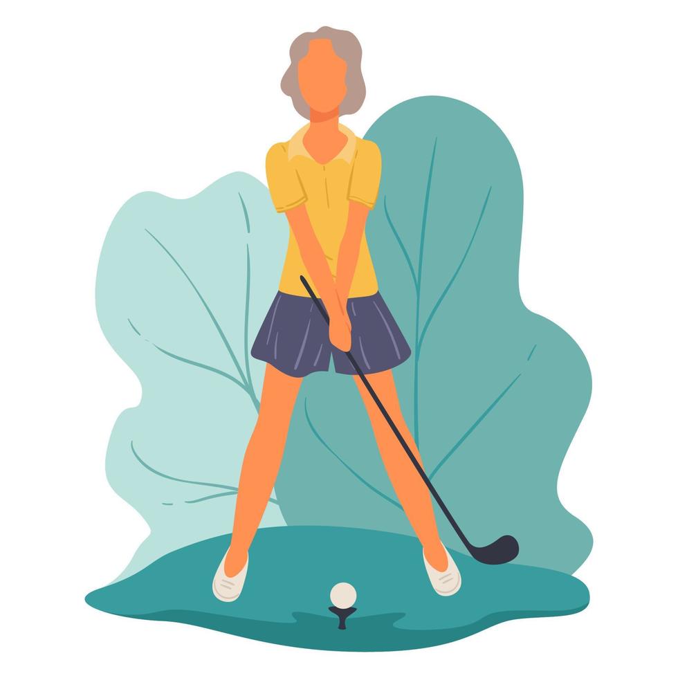 Golf player hitting ball on field, hobby or sports vector