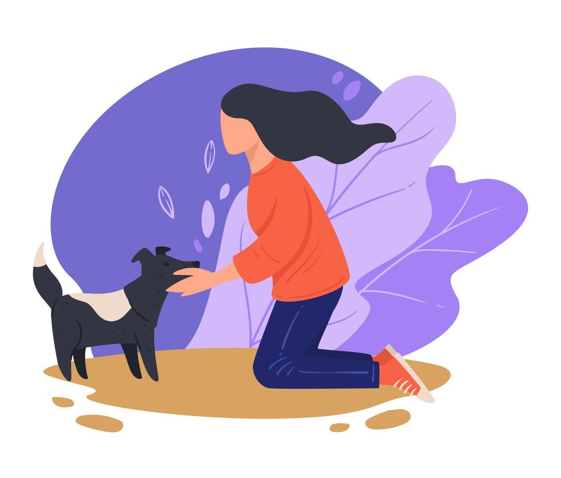 mujer abrazando a un perro callejero al aire libre, amable personaje femenino vector