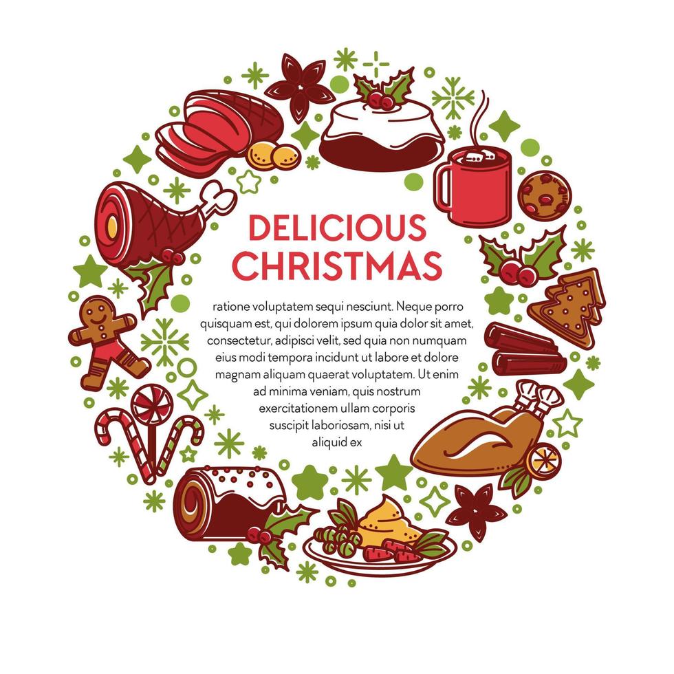 deliciosos platos e ingredientes tradicionales navideños en vacaciones vector