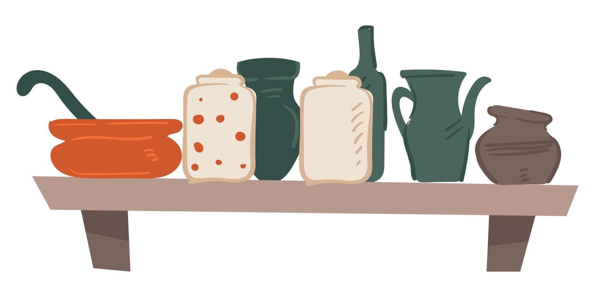 Shelf with cookware, cups mugs and pots vector