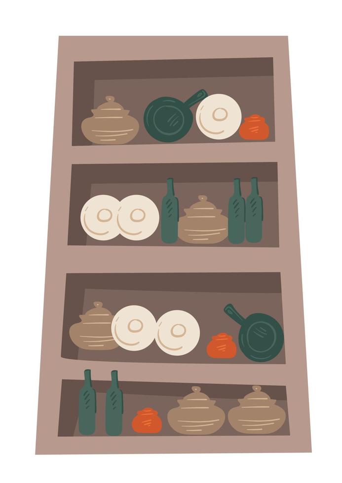 Wooden cupboard with bowls, cups and mugs vector