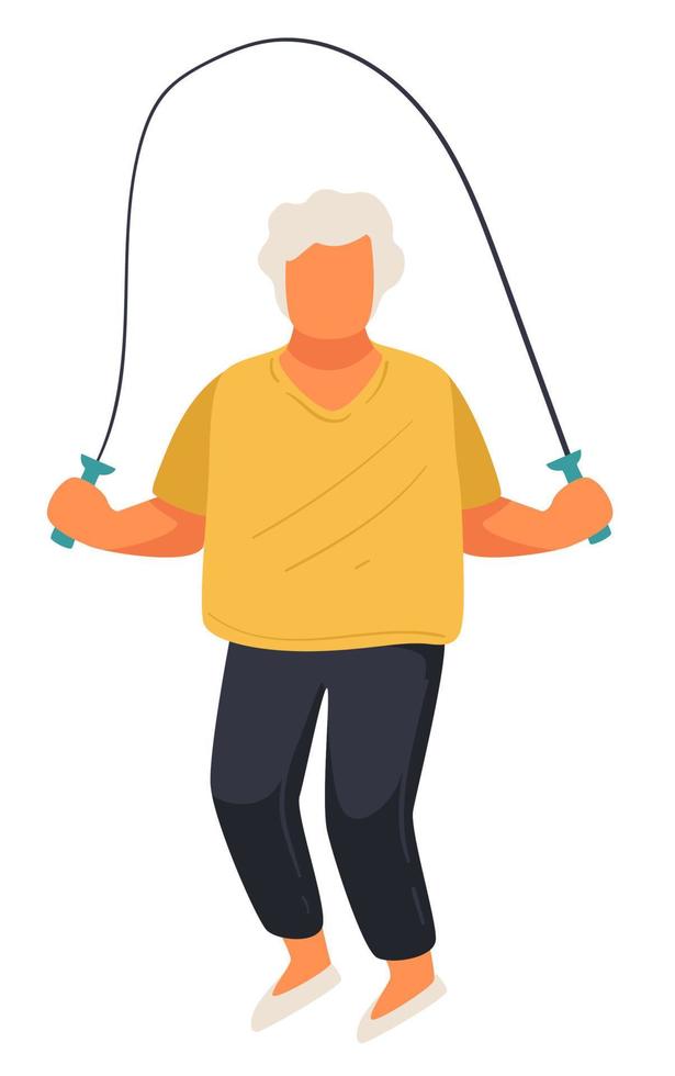 Senior woman skipping with jumping rope, active pensioner vector