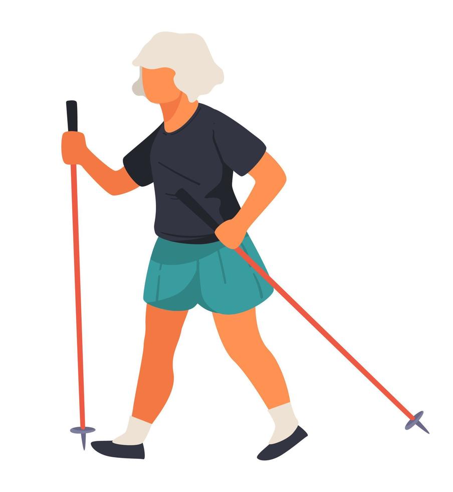 Elderly woman walking with nordic poles, physical activities vector