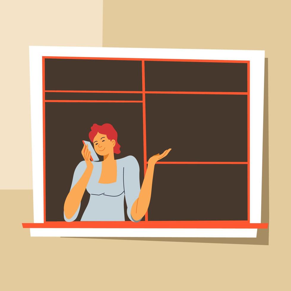 Woman at home talking on phone, female on self isolation vector