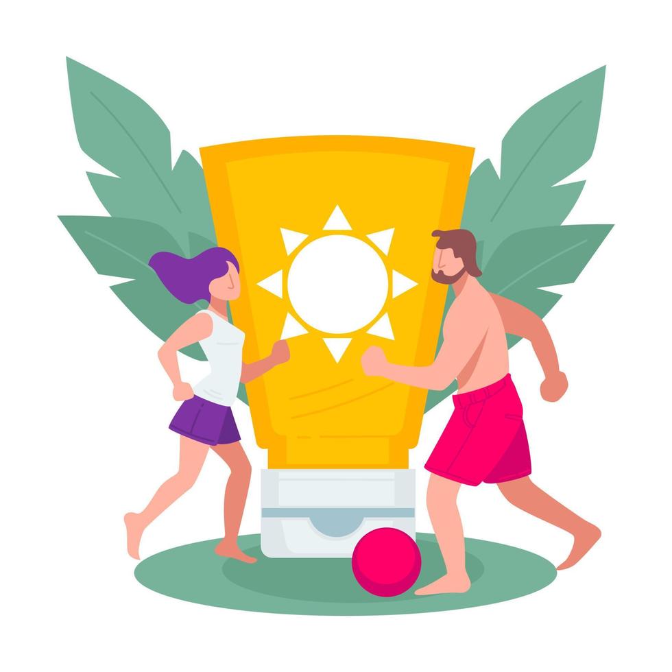 Sun lotion and people playing volleyball, summer vacation vector