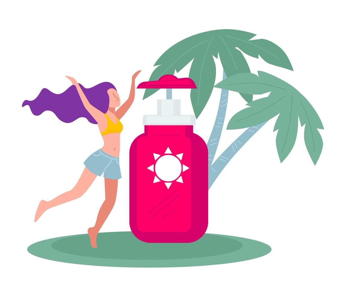 Happy female character on summer vacation, sunscreen skin care vector