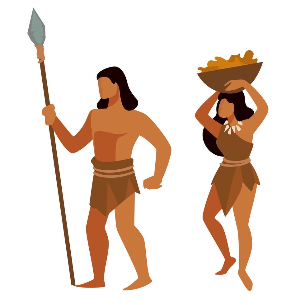 neandertales durante la era prehistórica, hombre y mujer cazando y recogiendo vector