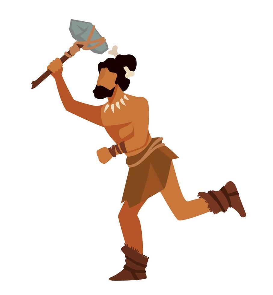 guerrero o cazador corriendo con herramienta o arma edad de piedra vector