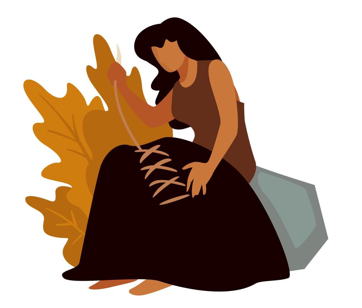 Prehistoric woman sewing clothes, ancient people in stone age vector