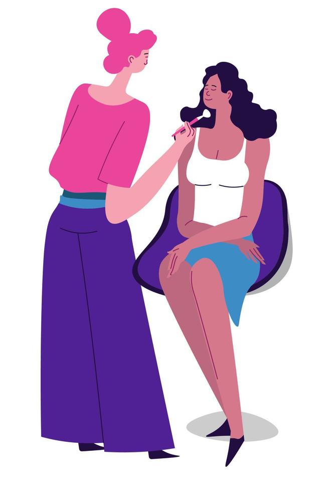 Beauty salon, specialist applying make up on face of model vector
