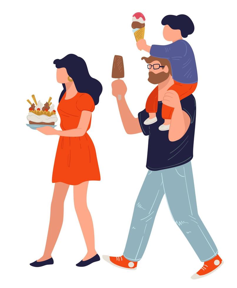 familia de mamá, papá e hijo comiendo helado vector