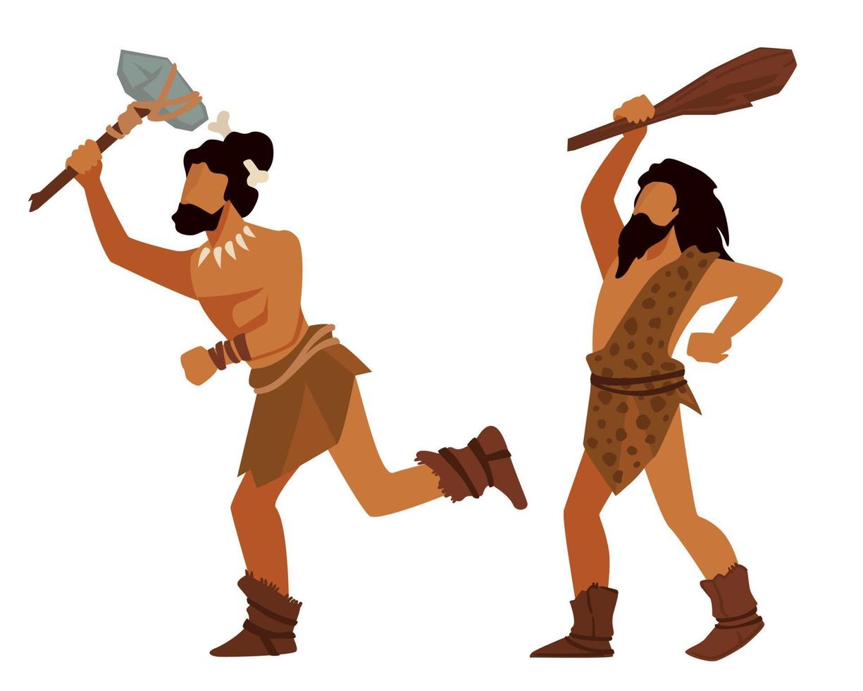 Animal hunters in prehistoric times, ancient people with weapon vector