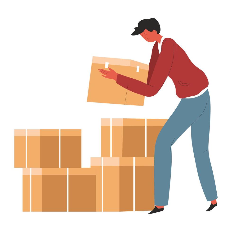 Man with cardboard boxes, humanitarian help or warehouse vector