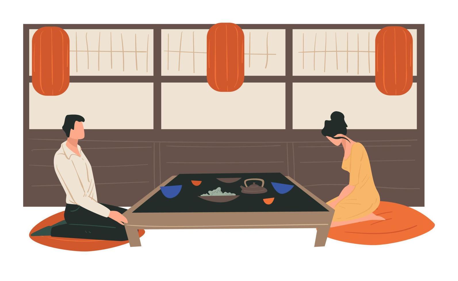 ceremonia tradicional japonesa del té, hombre y mujer en casa vector