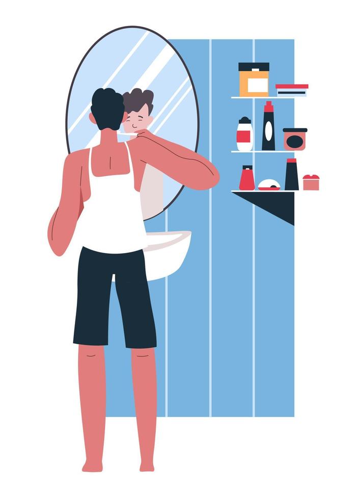 Man brushing teeth in morning, daily routine and hygiene vector