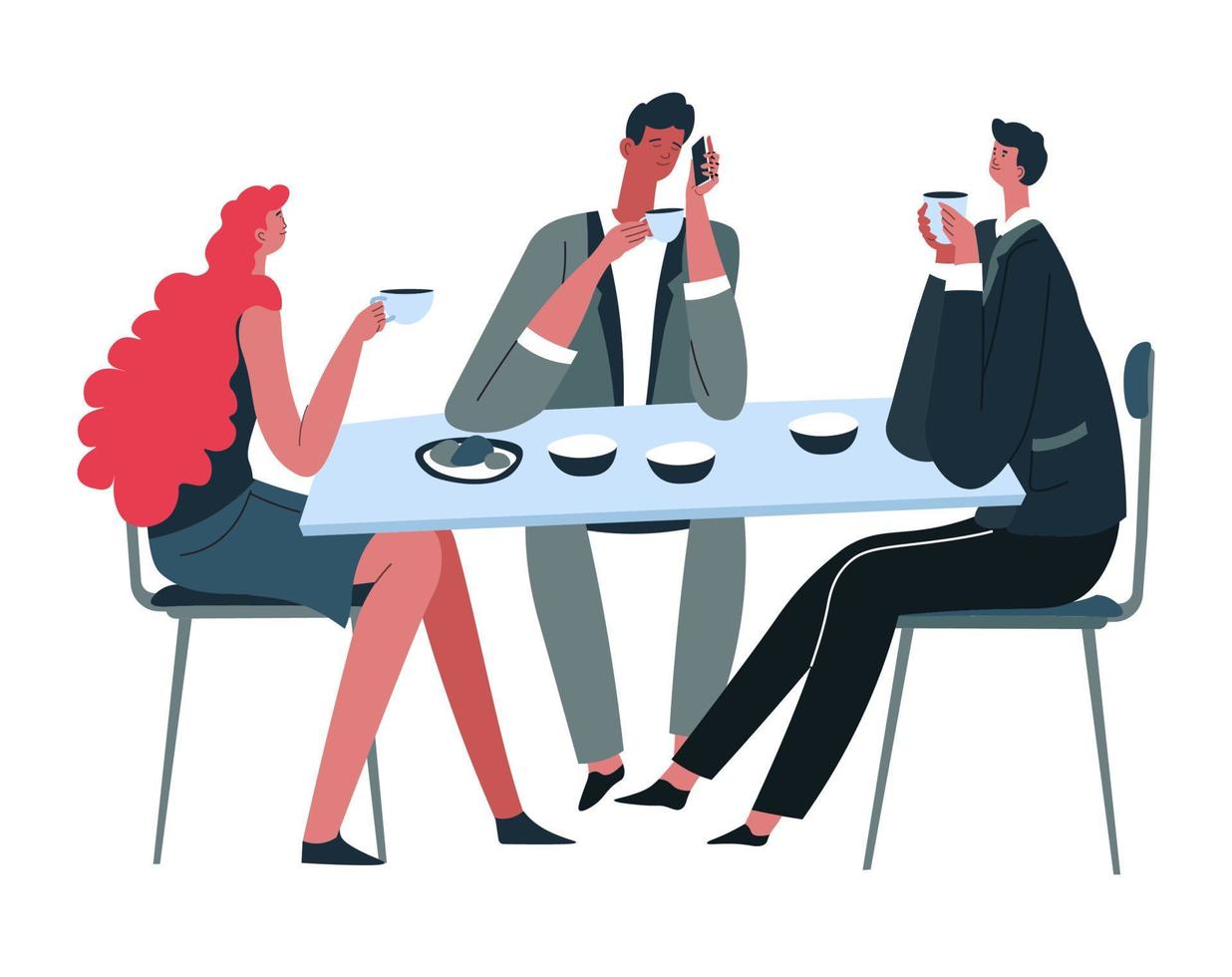 People eating and drinking tea, colleagues at restaurant vector