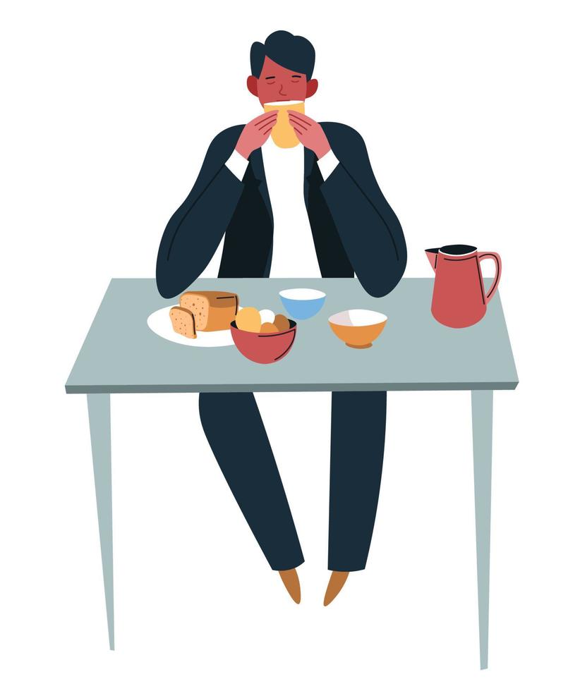 hombre comiendo comida en casa o restaurante, hombre de negocios en descanso vector