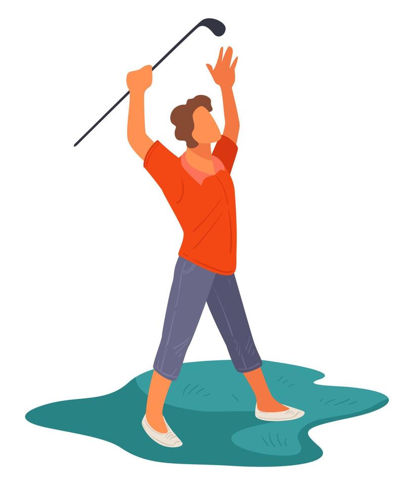 Golf field, exited golfer with club playing outdoors vector