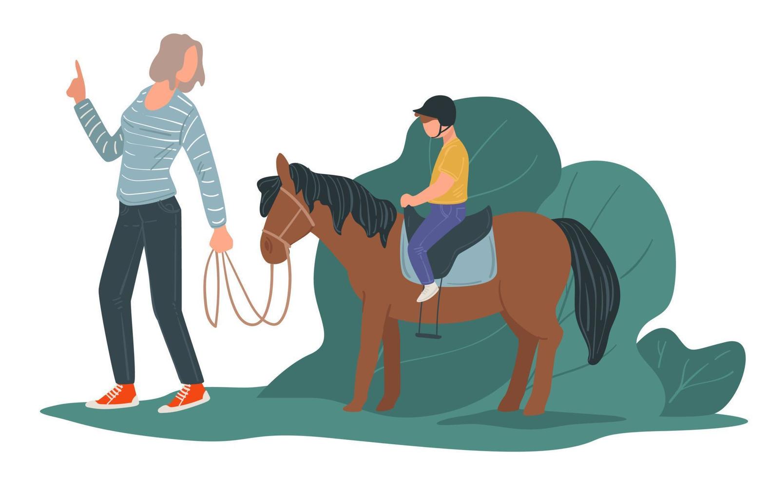 Mom teaching son to ride horse, racing hobby vector