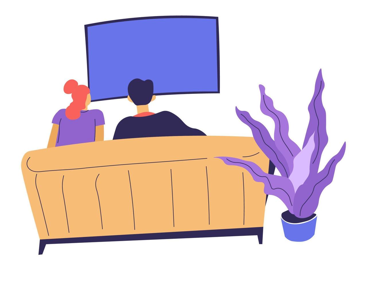 Couple watching film at home, man and woman on couch vector