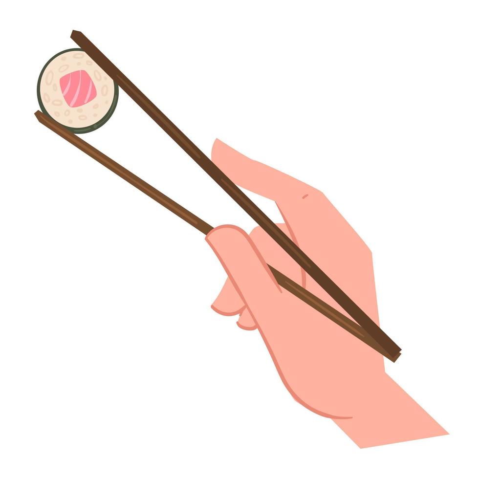 mano sosteniendo palillos con sushi, restaurante de mariscos comiendo vector