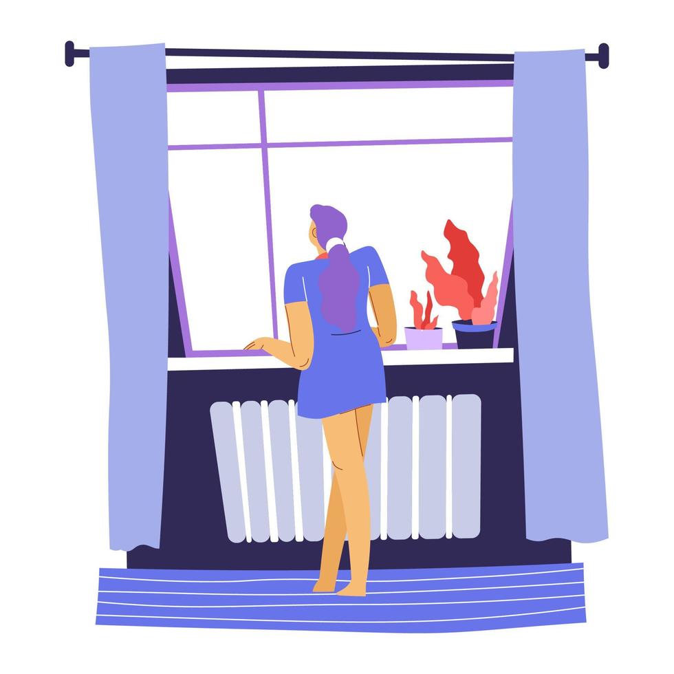 Woman looking out of window from home vector