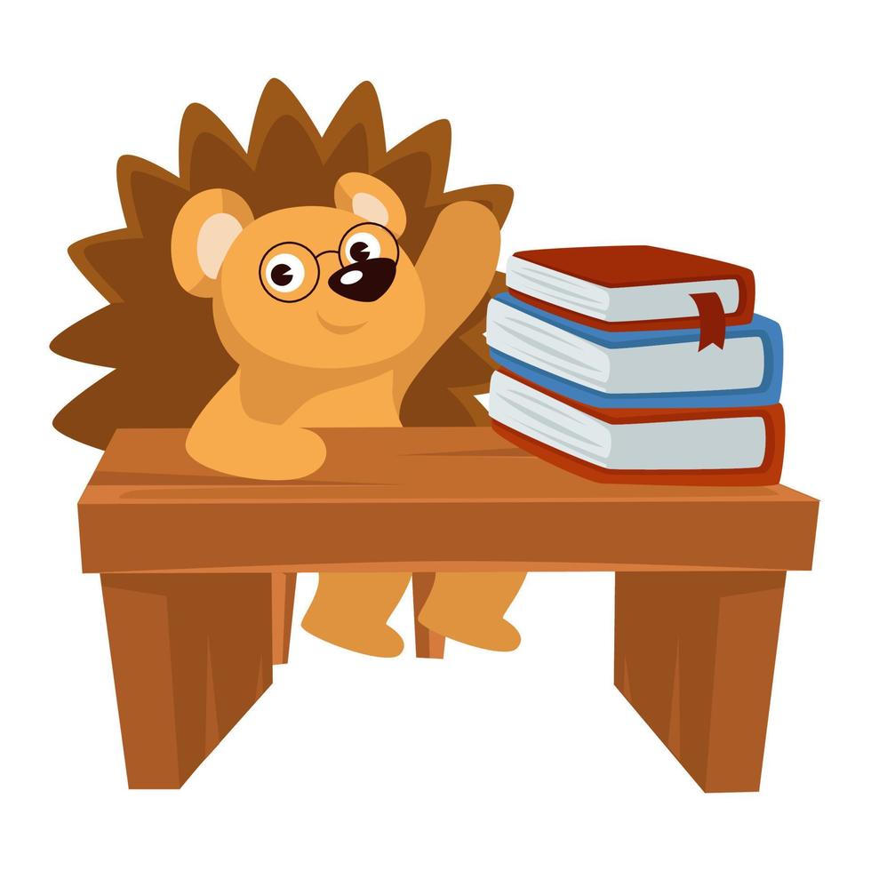 Hedgehog sitting by desk loaded with books in school vector