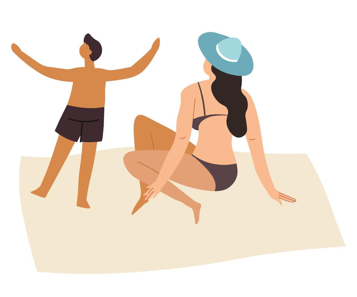 Mom and son spending holidays or weekends by seaside vector