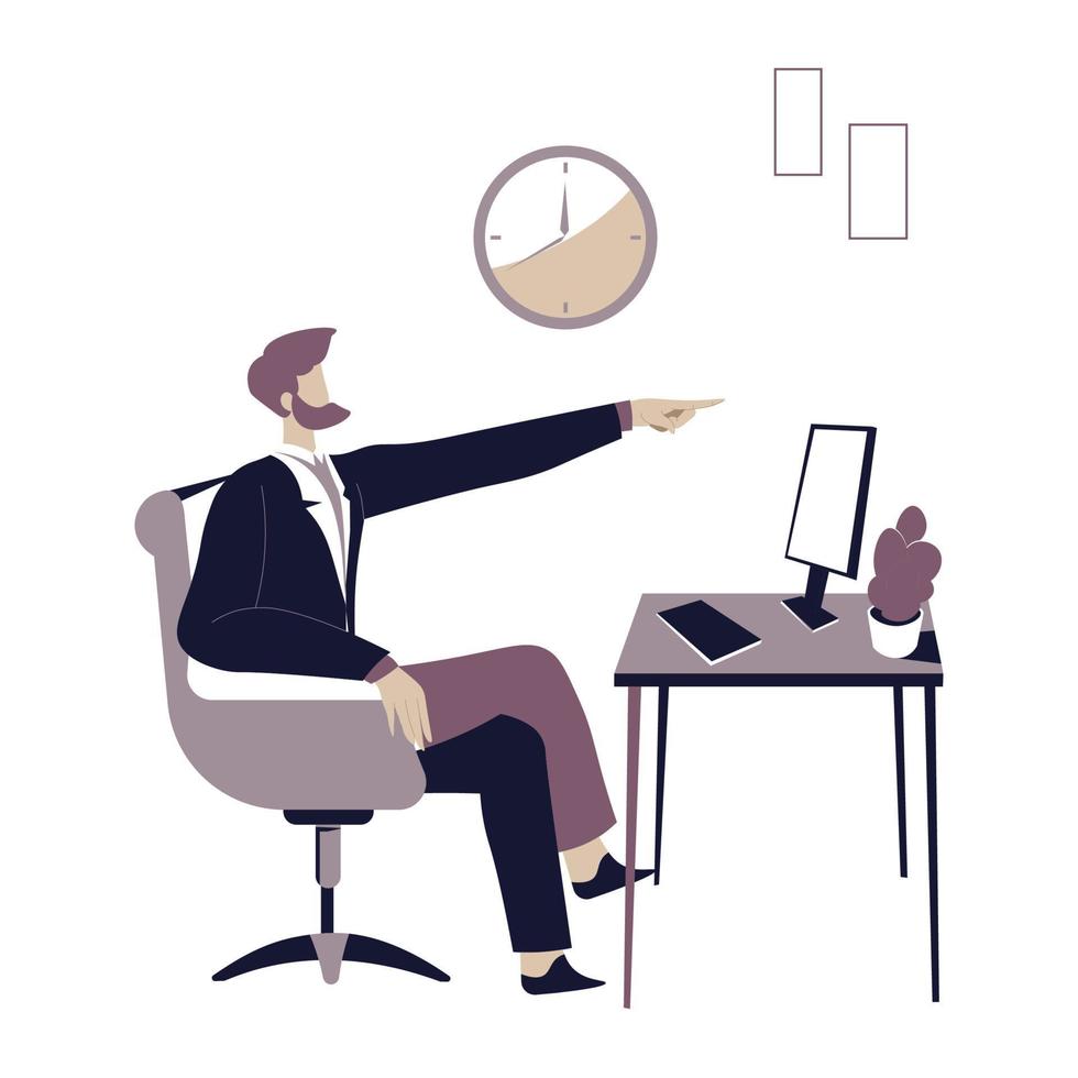 Boss in office pointing on door, angry director vector