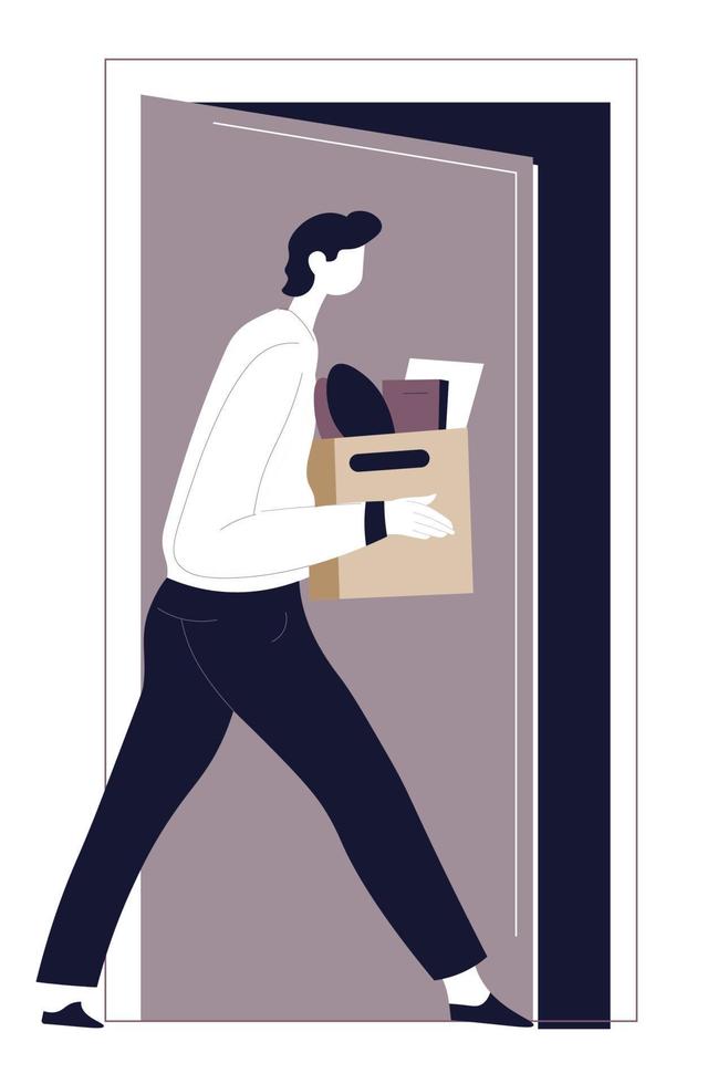 Dismissed male character walking away with box of stuff vector