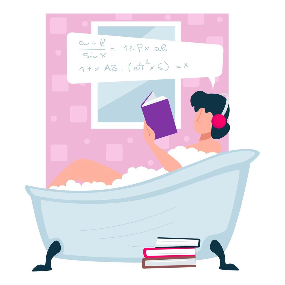 personaje aprendiendo matemáticas tomando bañera de burbujas, autoeducación vector