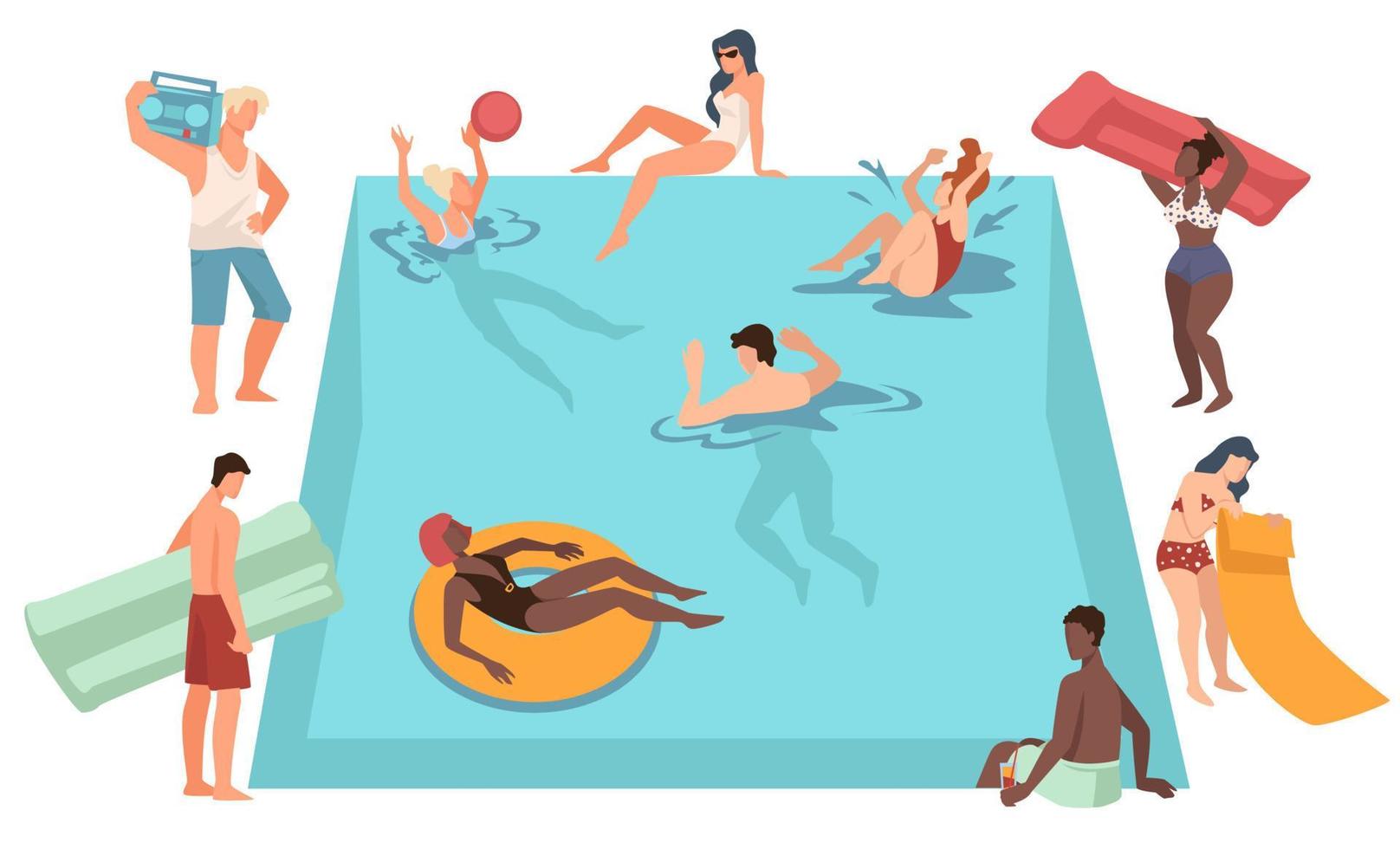 gente relajándose junto a la piscina, mujeres y hombres de vacaciones vector