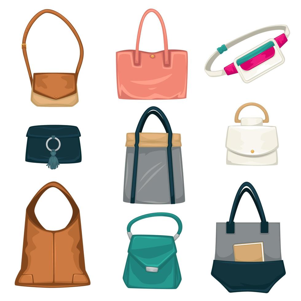 bolsos y mochilas moda mujer, colección estilos vector