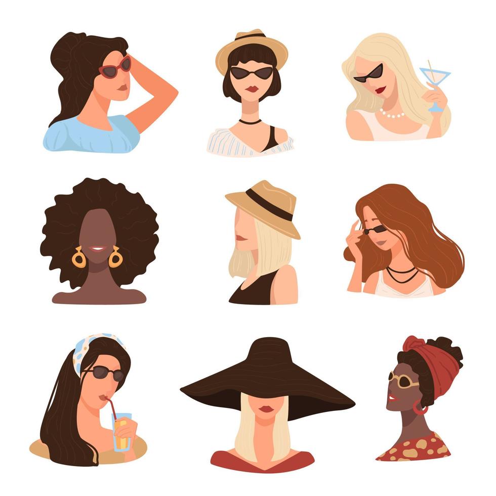 personajes femeninos con sombreros, mujeres de moda con sombreros vector