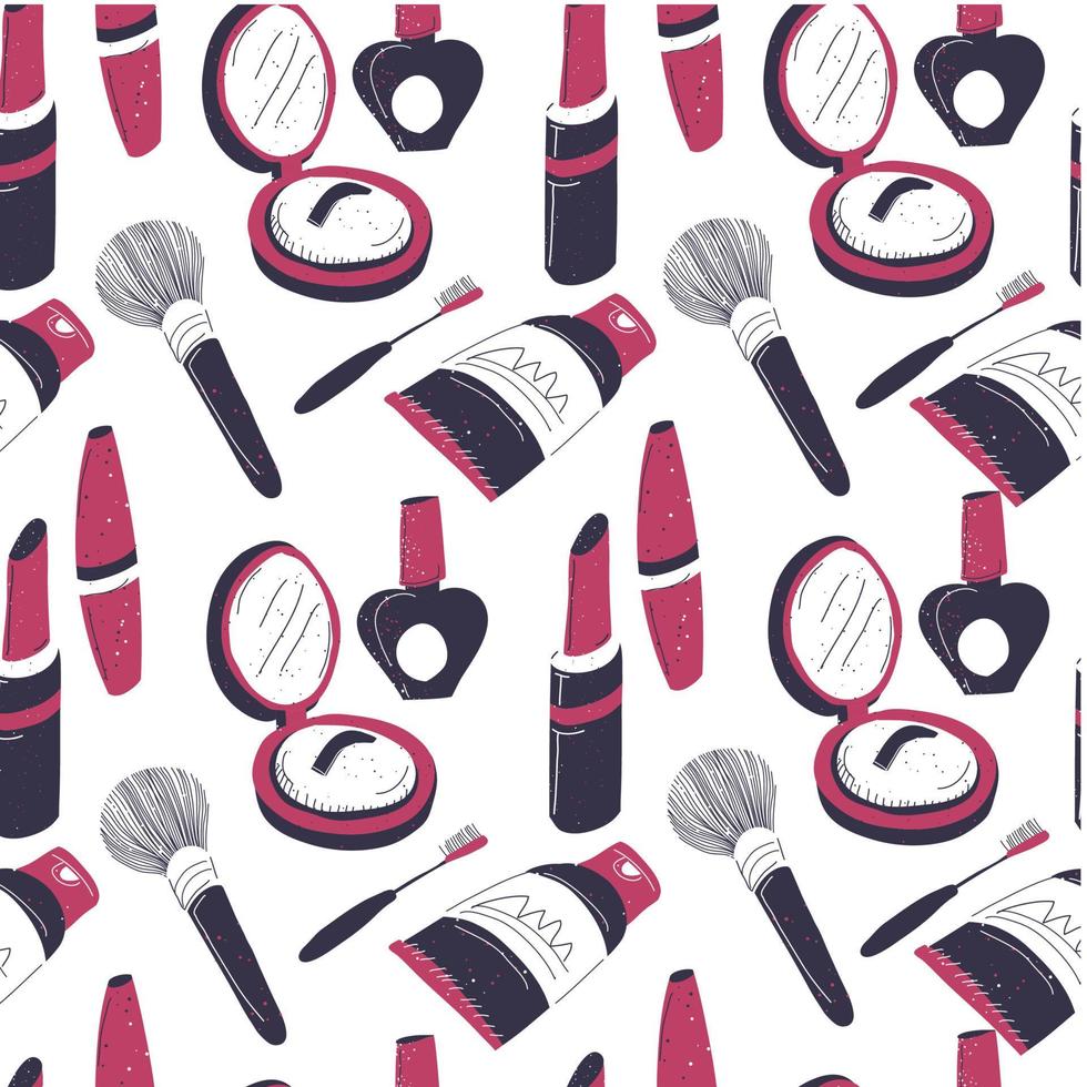 Cosmetic products and brushes, female makeup seamless pattern vector