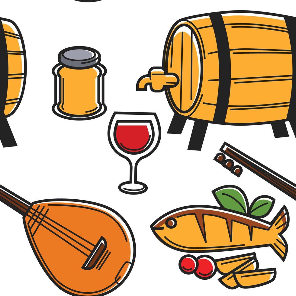 Cyprus food drink and musical instrument seamless pattern traveling vector