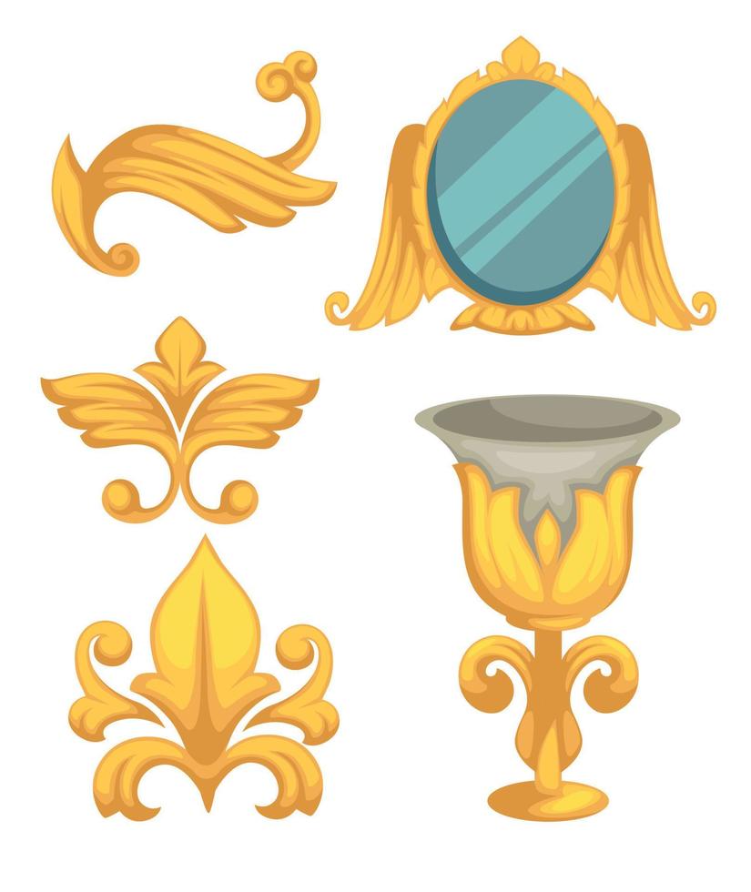 Baroque epoch gold decor mirror and goblet isolated objects vector