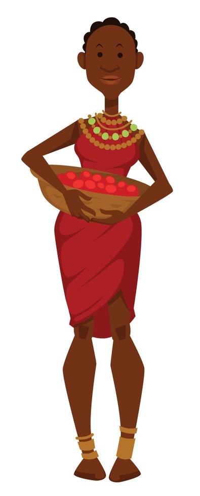mujer africana con canasta de frutas vestido y joyería miembro de la tribu vector